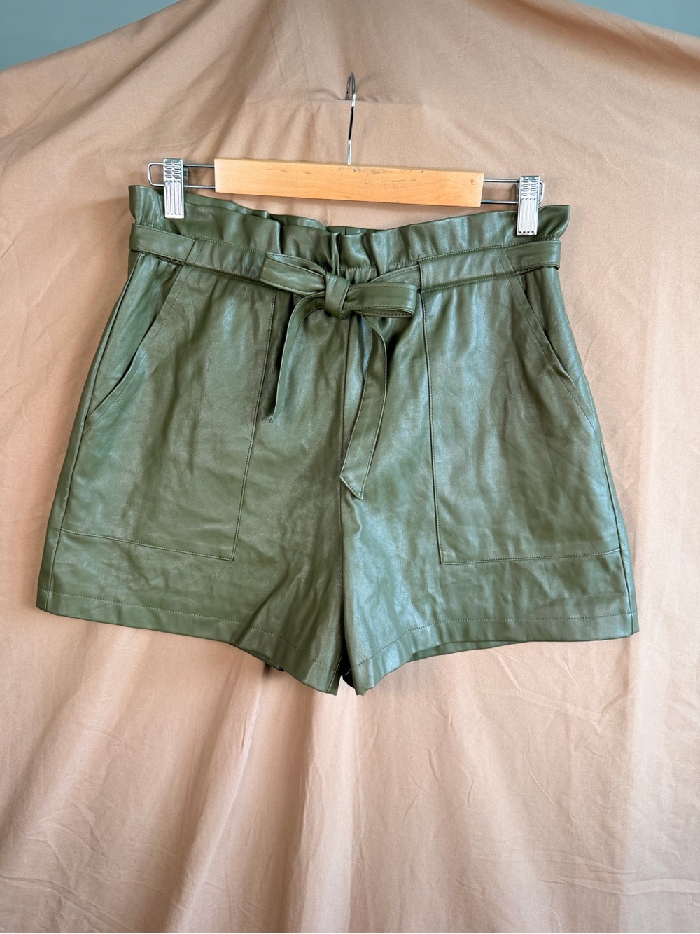 Cato Faux Leather Paperbag Shorts S Olive Green Vegan Leather High Waisted